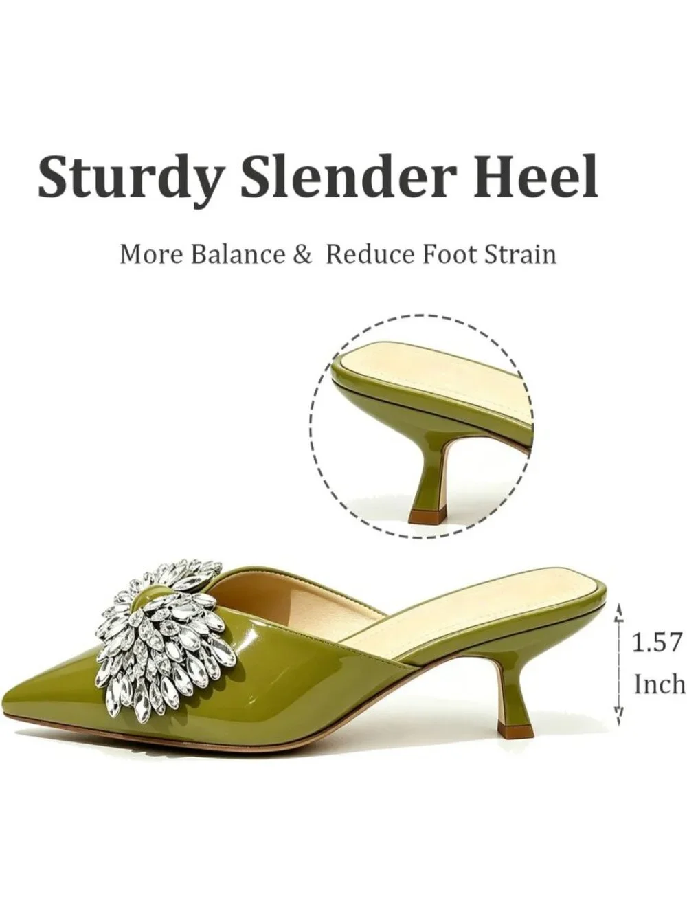 Women's Green Rhinestone Bow Kitten Heel Pointed Toe Low Heel Slide Sandals